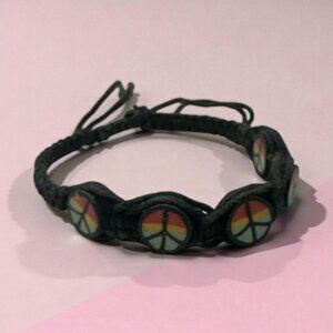 Handmade Adjustable Black Cord Bracelet With Multicolor Peace Symbol Beads